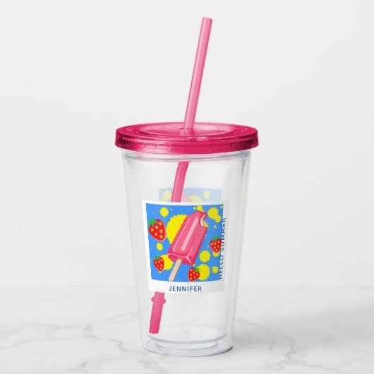 Fun Pink Popsicle en aardbeien Hallo zomer Acryl Drinkbeker (Achterkant)