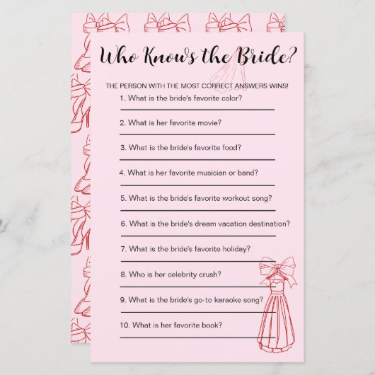 Fun Pink & Red Wie kent het bruidsspel (Voorkant / Achterkant)