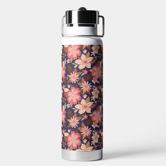 Fun Pink Retro Floral Pattern Monogram Waterfles (Achterkant)