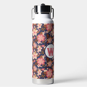 Fun Pink Retro Floral Pattern Monogram Waterfles