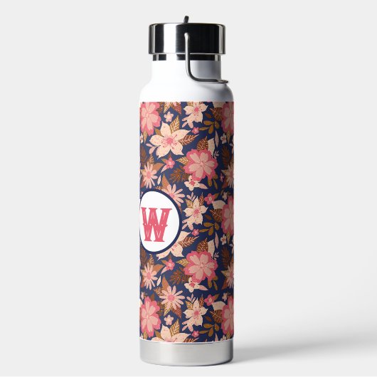 Fun Pink Retro Floral Pattern Monogram Waterfles (Links)