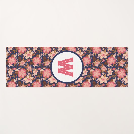 Fun Pink Retro Floral Pattern Monogram Yoga Mat (Voorkant (horizontaal))