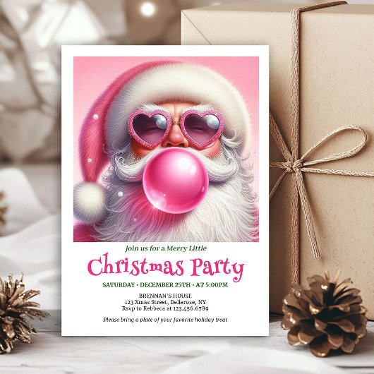 Fun pink santa chewing gum watercolor Xmas invite Kaart