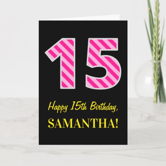 Fun Pink Striped "15"; Happy 15th Birthday; naam Kaart (Voorkant)