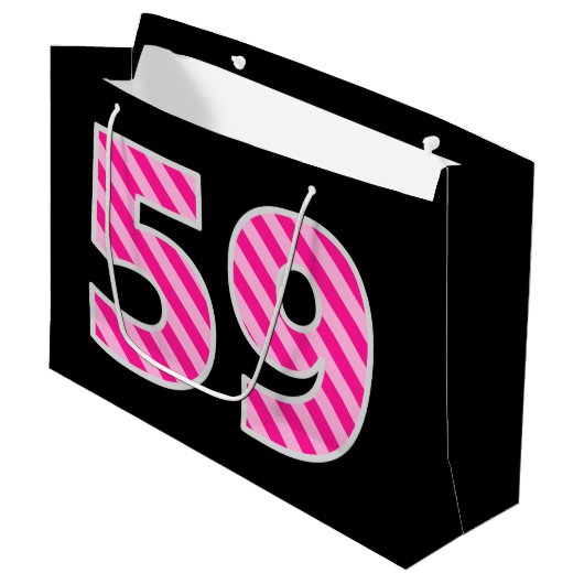 Fun Pink Striped "59"; Happy 59th Birthday; naam Groot Cadeauzakje (Voorkant Gekanteld)