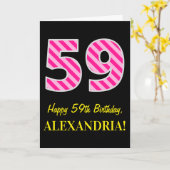 Fun Pink Striped "59"; Happy 59th Birthday; naam Kaart (Gele Bloem)