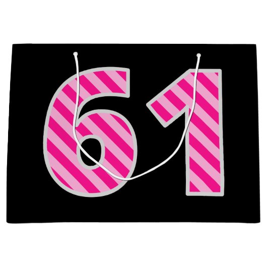 Fun Pink Striped "61"; Happy 61st Birthday; naam Groot Cadeauzakje (Voorkant)