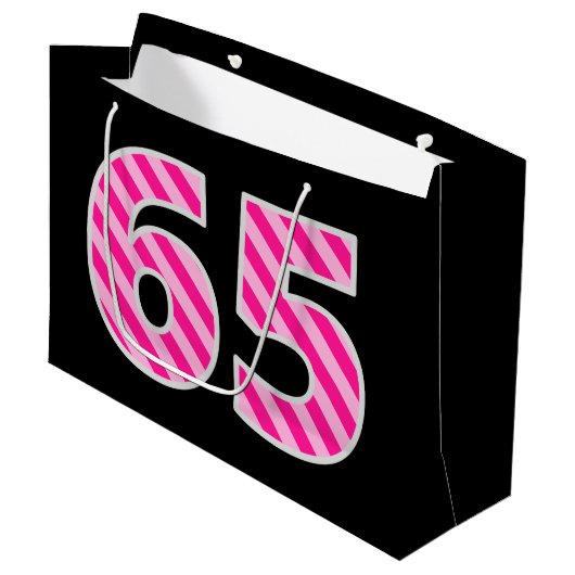 Fun Pink Striped "65"; Happy 65th Birthday; naam Groot Cadeauzakje (Voorkant Gekanteld)