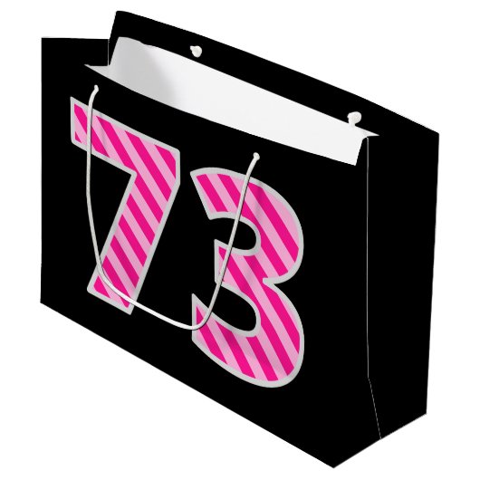 Fun Pink Striped "73"; Happy 73rd Birthday; naam Groot Cadeauzakje (Voorkant Gekanteld)