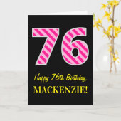 Fun Pink Striped "76"; Happy 76th Birthday; naam Kaart (Gele Bloem)