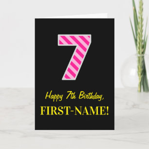 Fun Pink Striped "7"; Happy 7th Birthday; naam Kaart