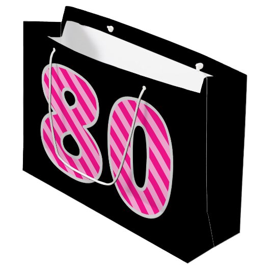 Fun Pink Striped "80"; Happy 80th Birthday; naam Groot Cadeauzakje (Voorkant Gekanteld)