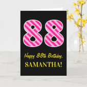 Fun Pink Striped "88"; Happy 88th Birthday; naam Kaart (Gele Bloem)