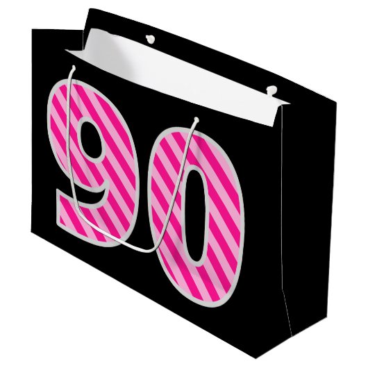 Fun Pink Striped "90"; Happy 90th Birthday; naam Groot Cadeauzakje (Voorkant Gekanteld)