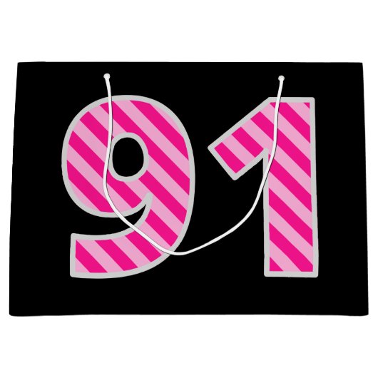 Fun Pink Striped "91"; Happy 91st Birthday; naam Groot Cadeauzakje (Voorkant)