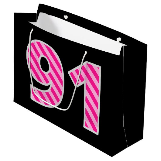 Fun Pink Striped "91"; Happy 91st Birthday; naam Groot Cadeauzakje (Voorkant Gekanteld)