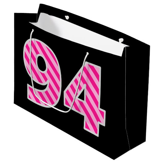 Fun Pink Striped "94"; Happy 94th Birthday; naam Groot Cadeauzakje (Voorkant Gekanteld)