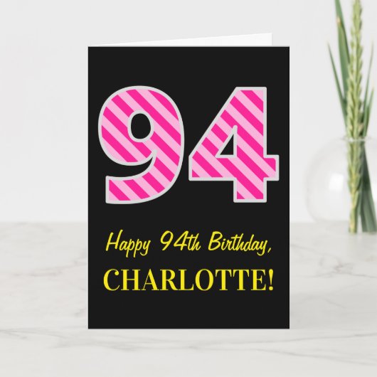 Fun Pink Striped "94"; Happy 94th Birthday; naam Kaart (Voorkant)