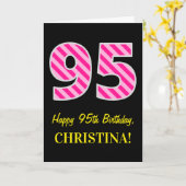 Fun Pink Striped "95"; Happy 95th Birthday; naam Kaart (Gele Bloem)