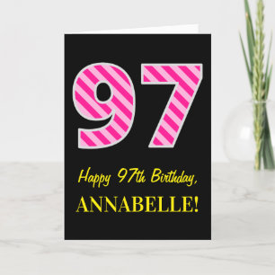 Fun Pink Striped "97"; Happy 97th Birthday; naam Kaart