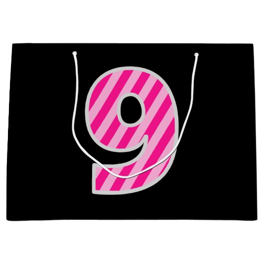 Fun Pink Striped "9"; Happy 9th Birthday; naam Groot Cadeauzakje (Voorkant)