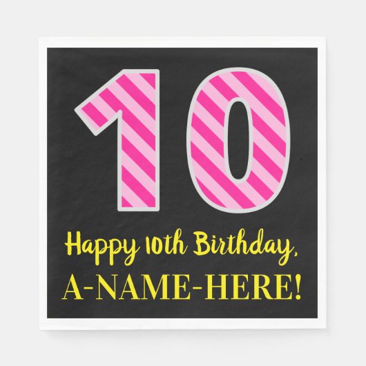Fun Pink Stripes "10"; Happy 10th Birthday; naam Servet (Voorkant)