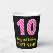 Fun Pink Stripes "10": Happy 10th Birthday + Name Papieren Bekers (Achterkant)