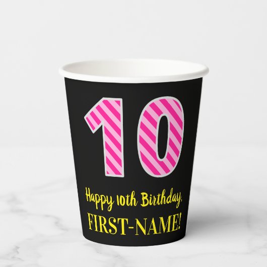 Fun Pink Stripes "10": Happy 10th Birthday + Name Papieren Bekers (Achterkant)