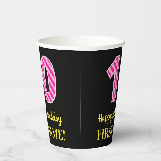 Fun Pink Stripes "10": Happy 10th Birthday + Name Papieren Bekers (Rechts)
