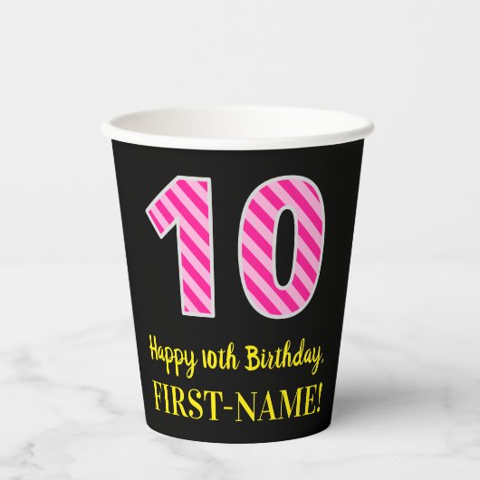 Fun Pink Stripes "10": Happy 10th Birthday + Name Papieren Bekers (Voorkant)