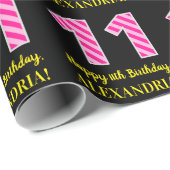Fun Pink Stripes "11"; Happy 11th Birthday; naam Cadeaupapier (Rol Hoek)