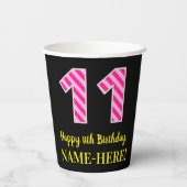 Fun Pink Stripes "11": Happy 11th Birthday + Name Papieren Bekers (Achterkant)