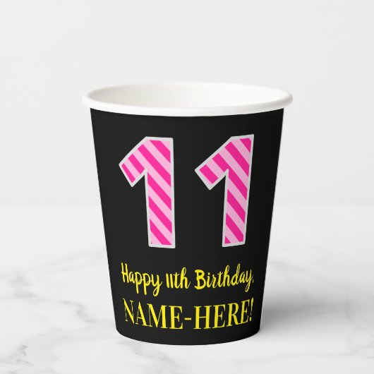 Fun Pink Stripes "11": Happy 11th Birthday + Name Papieren Bekers (Achterkant)