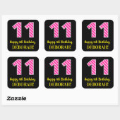 Fun Pink Stripes "11": Happy 11th Birthday + Name Vierkante Sticker (Vel)