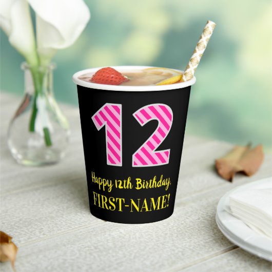 Fun Pink Stripes "12": Happy 12th Birthday + Name Papieren Bekers (Insitu)