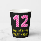 Fun Pink Stripes "12": Happy 12th Birthday + Name Papieren Bekers (Achterkant)