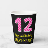 Fun Pink Stripes "12": Happy 12th Birthday + Name Papieren Bekers (Voorkant)