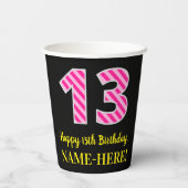 Fun Pink Stripes "13": Happy 13th Birthday + Name Papieren Bekers (Achterkant)