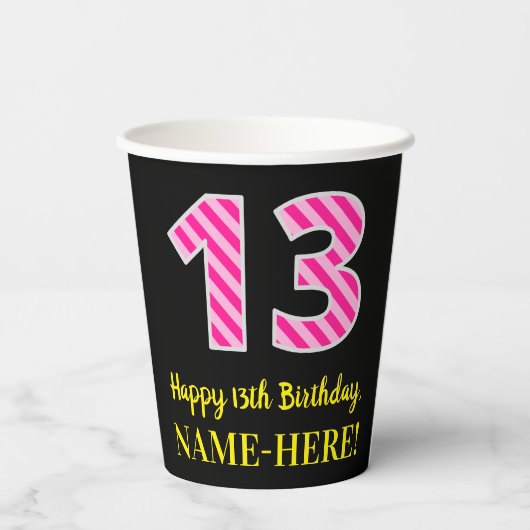 Fun Pink Stripes "13": Happy 13th Birthday + Name Papieren Bekers (Achterkant)