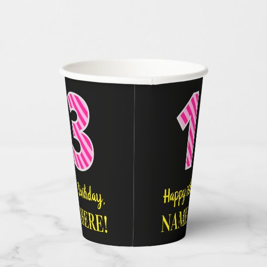 Fun Pink Stripes "13": Happy 13th Birthday + Name Papieren Bekers (Rechts)