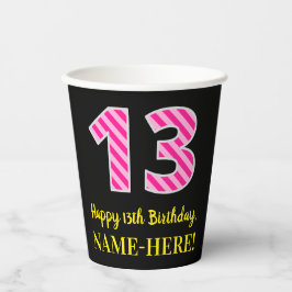 Fun Pink Stripes "13": Happy 13th Birthday + Name Papieren Bekers