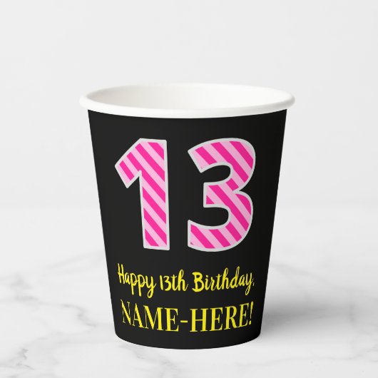 Fun Pink Stripes "13": Happy 13th Birthday + Name Papieren Bekers (Voorkant)