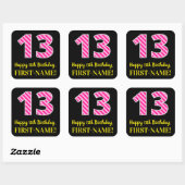 Fun Pink Stripes "13": Happy 13th Birthday + Name Vierkante Sticker (Vel)