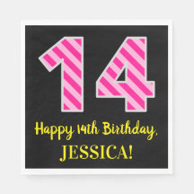 Fun Pink Stripes "14"; Happy 14th Birthday; naam