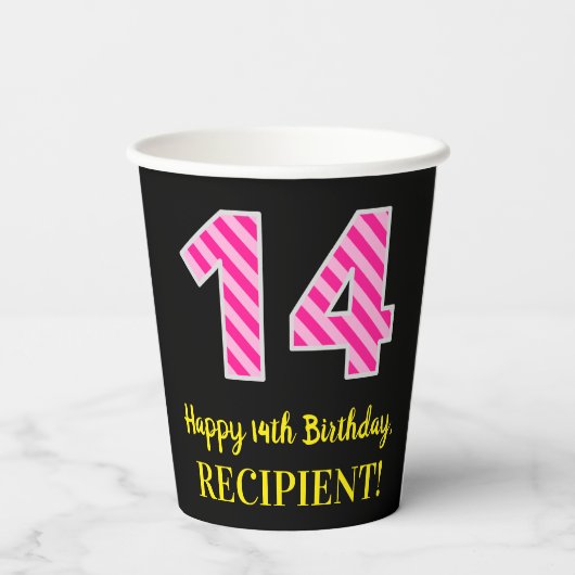 Fun Pink Stripes "14": Happy 14th Birthday + Name Papieren Bekers (Achterkant)
