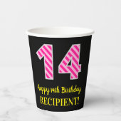 Fun Pink Stripes "14": Happy 14th Birthday + Name Papieren Bekers (Voorkant)