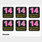 Fun Pink Stripes "14": Happy 14th Birthday + Name Vierkante Sticker (Vel)