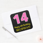Fun Pink Stripes "14": Happy 14th Birthday + Name Vierkante Sticker (Envelop)