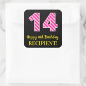 Fun Pink Stripes "14": Happy 14th Birthday + Name Vierkante Sticker (Tas)