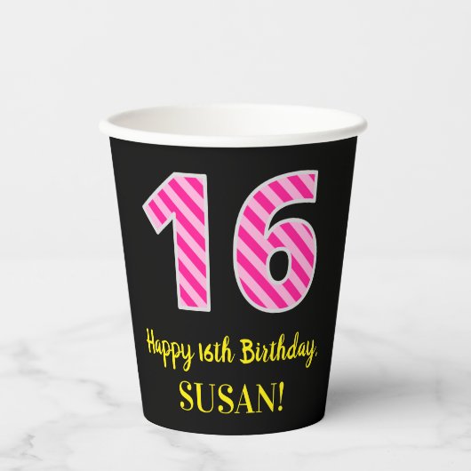 Fun Pink Stripes "16": Happy 16th Birthday + Name Papieren Bekers (Voorkant)